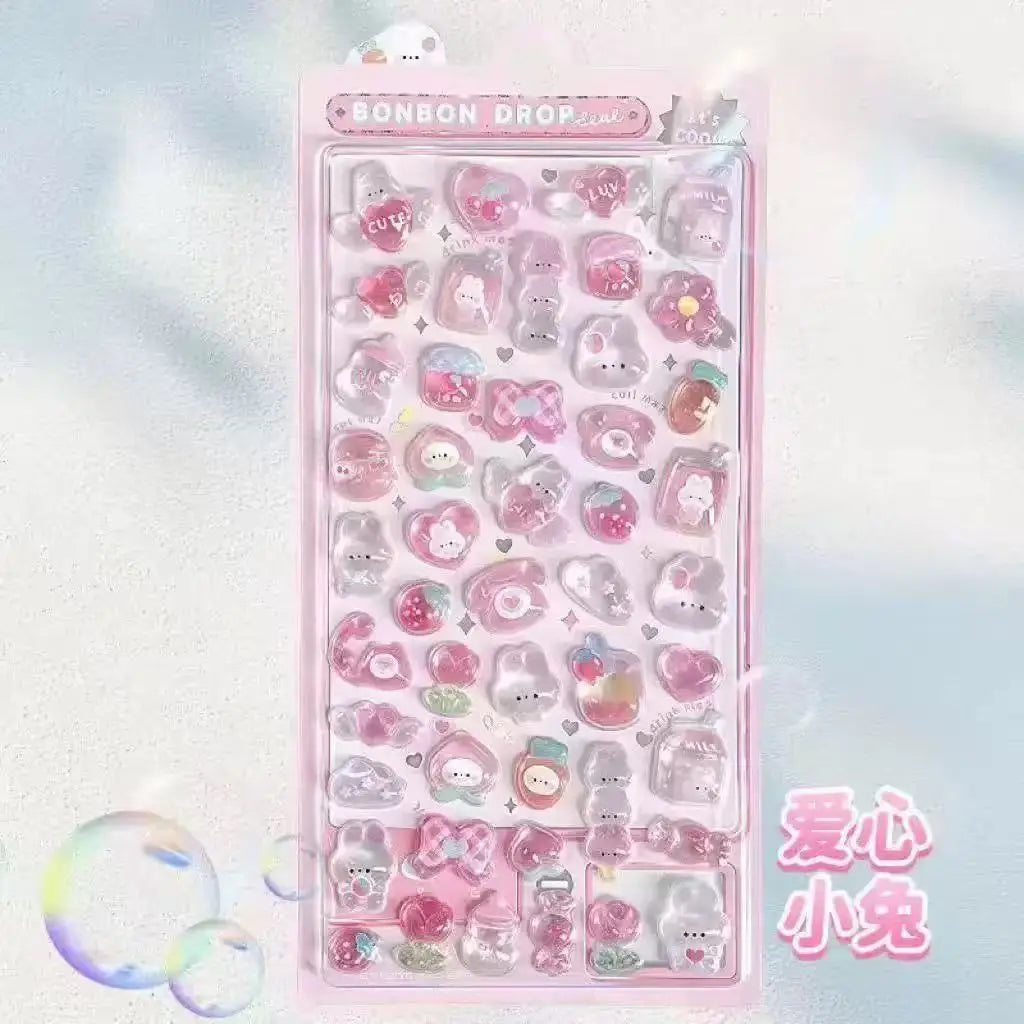 0119 Kawaii 3D Jelly Resin Stickers – Cute Cartoon Sparkle Transparent Decals for Scrapbooking, Phone Case, Laptop & DIY Decoration