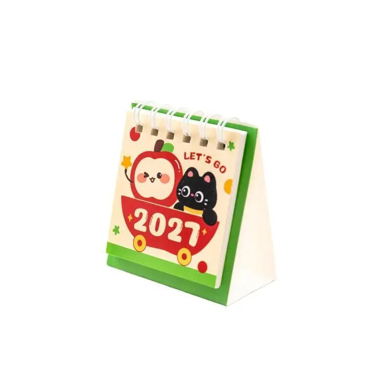 0155 2027 Mini Desk Calendar - Cute Black Cat & Apple Palm Size 7cm Desktop Calendar | 2027 Kawaii Mini Calendar