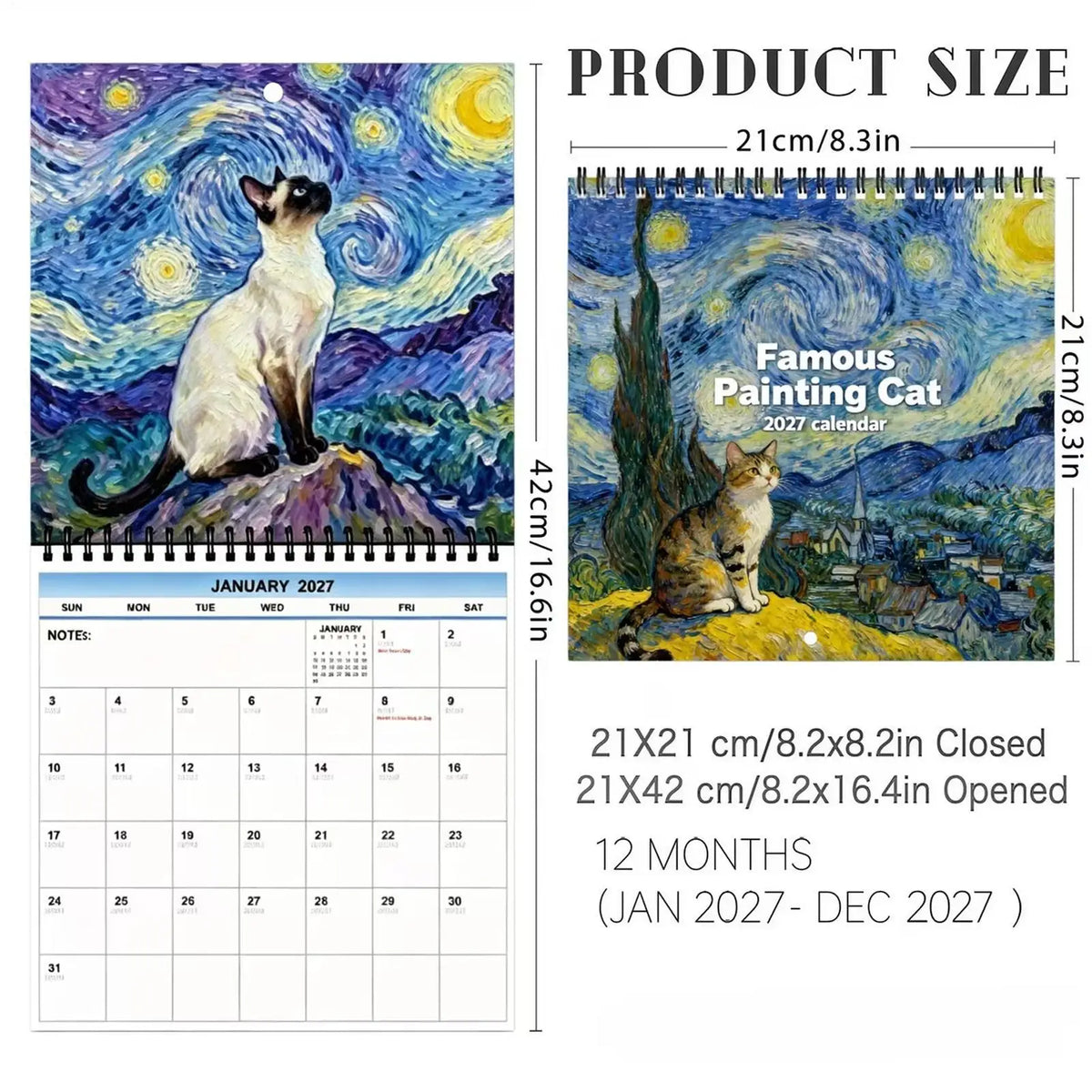 0144 Famous Painting Cat Calendar 2027 - Van Gogh Starry Night Cat Wall Calendar 21x21cm | 12 Months Art Cats