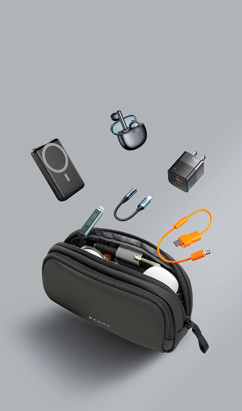 0058 BANGE Electronics Organizer – Waterproof Polyester USB Cable Storage Handbag, Travel Tech Case for Men & Women