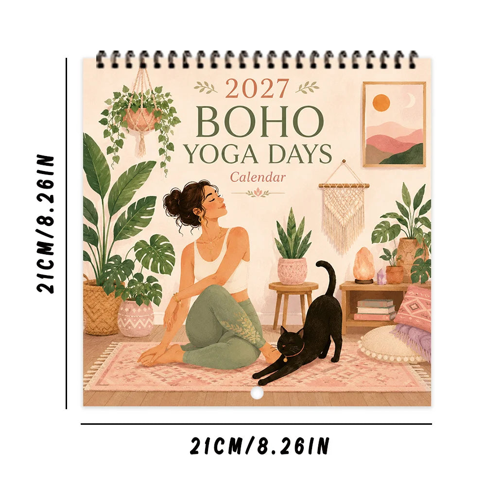 0152 2027 Boho Yoga Days Calendar - Boho Yoga Wall Calendar 21cm With Black Cat | 12 Months Yoga Poses + Free Stickers