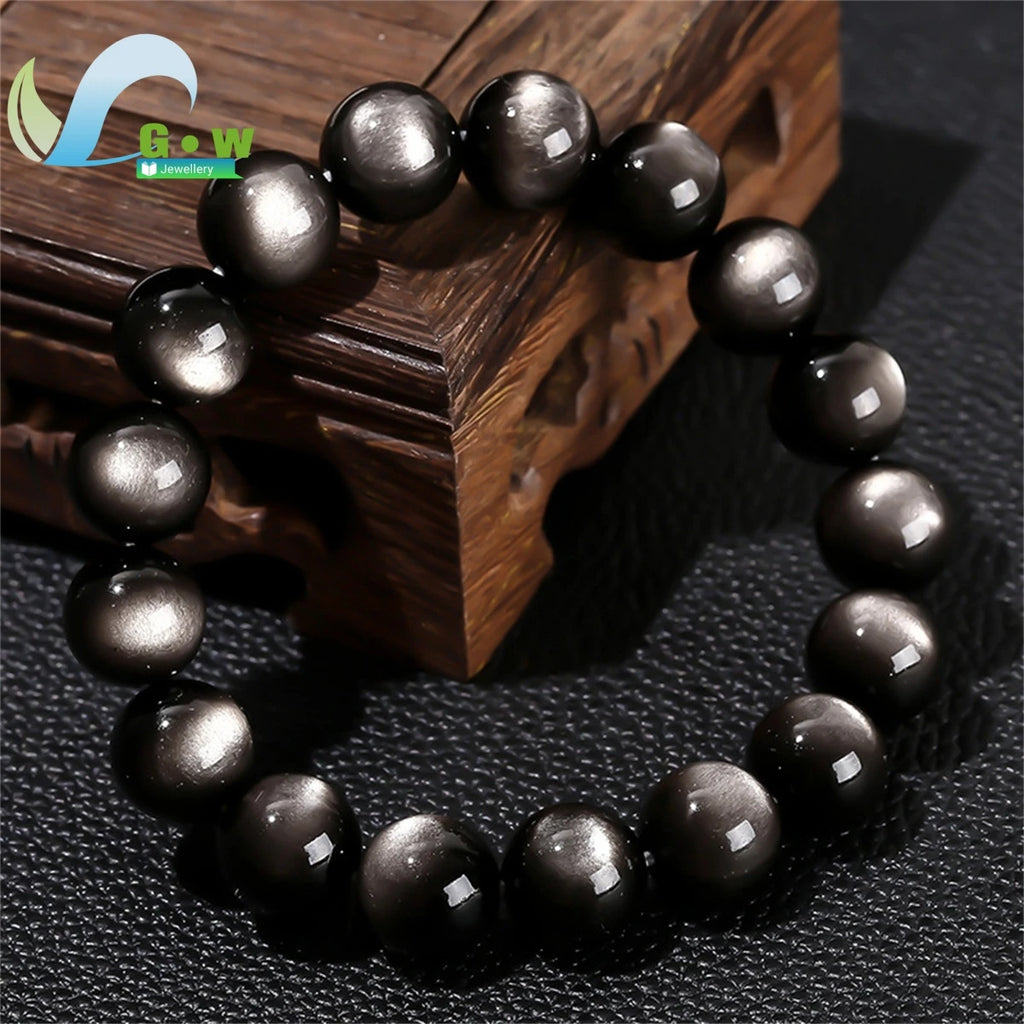 0099 Natural Silver Obsidian Bracelet – Men’s & Women’s Double Cat Eye Gold Obsidian Lucky Amulet