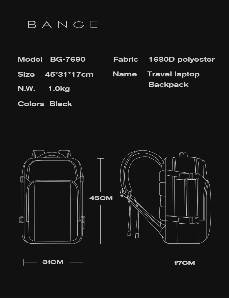 0010 BANGE Travel Backpack – Waterproof 15.6 Inch Laptop Bag with USB Charging, Large Capacity for Men