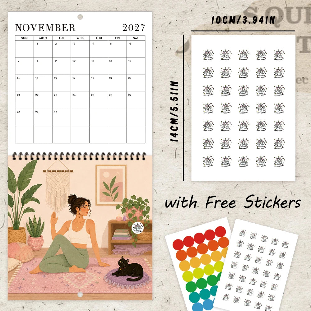 0152 2027 Boho Yoga Days Calendar - Boho Yoga Wall Calendar 21cm With Black Cat | 12 Months Yoga Poses + Free Stickers