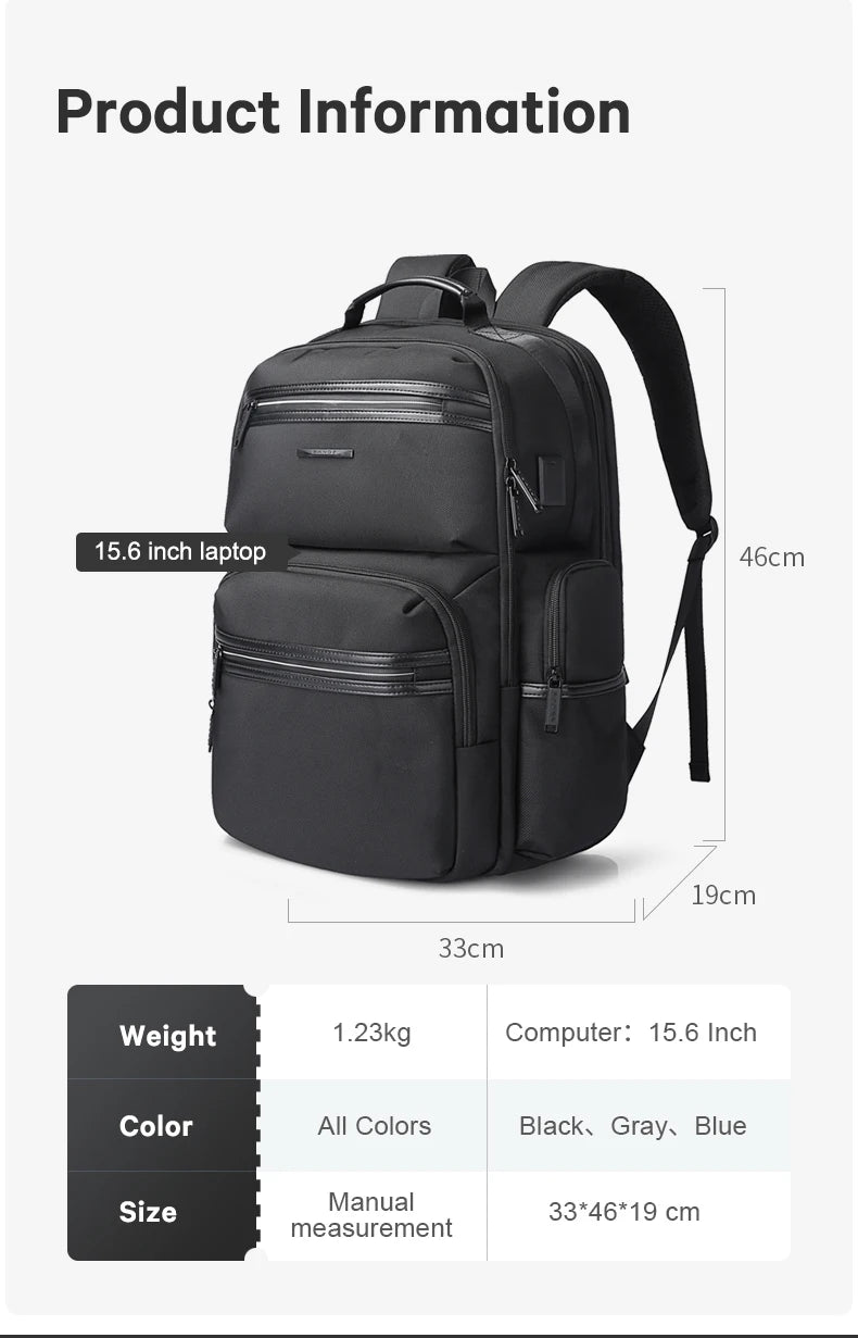 0057 BANGE Anti-Theft Laptop Backpack – Waterproof 15.6 Inch Oxford Bag with USB Charging for Men