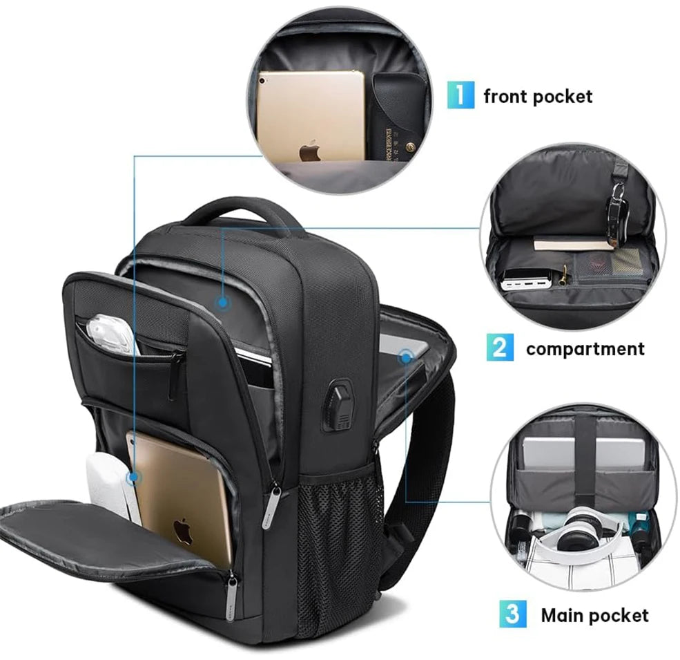 0055 BANGE Waterproof Backpack – 15.6 Inch Laptop Bag with USB Charging, Travel & School Rucksack for Men & Women