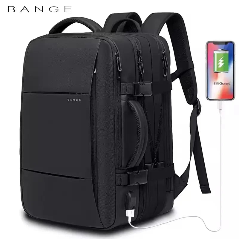 0044 BANGE Travel Backpack – Waterproof Expandable 17.3 Inch Laptop Bag with USB Charging for Men