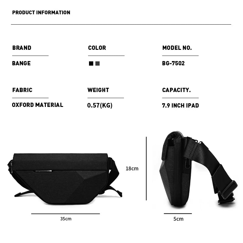 0029 BANGE Waterproof Sling Bag – Men’s Chest Pack with USB Charging, Fits iPad Mini