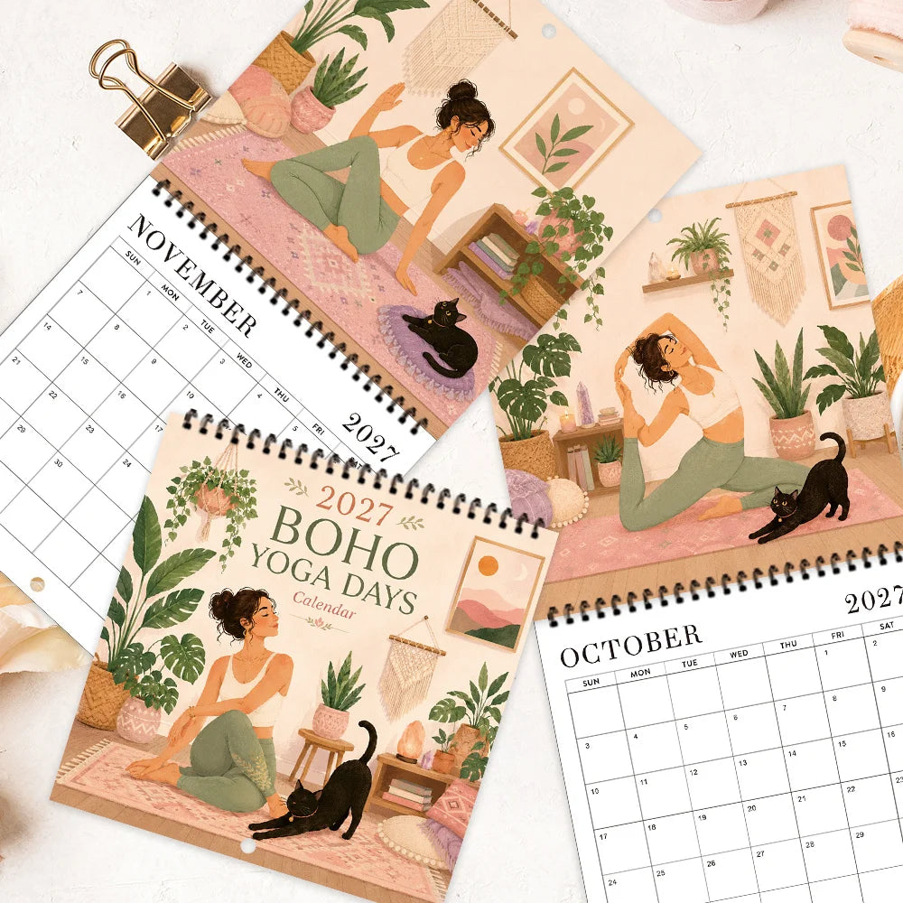 0152 2027 Boho Yoga Days Calendar - Boho Yoga Wall Calendar 21cm With Black Cat | 12 Months Yoga Poses + Free Stickers