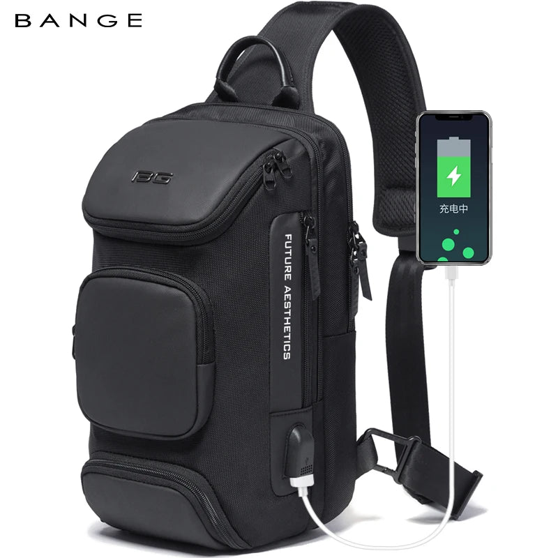 BANGE Men's Anti-theft Chest Bag Shoulder Strap USB Rechargeable Crossbody School Gym Pack, Men Sports Waterproof Shoulder Bag