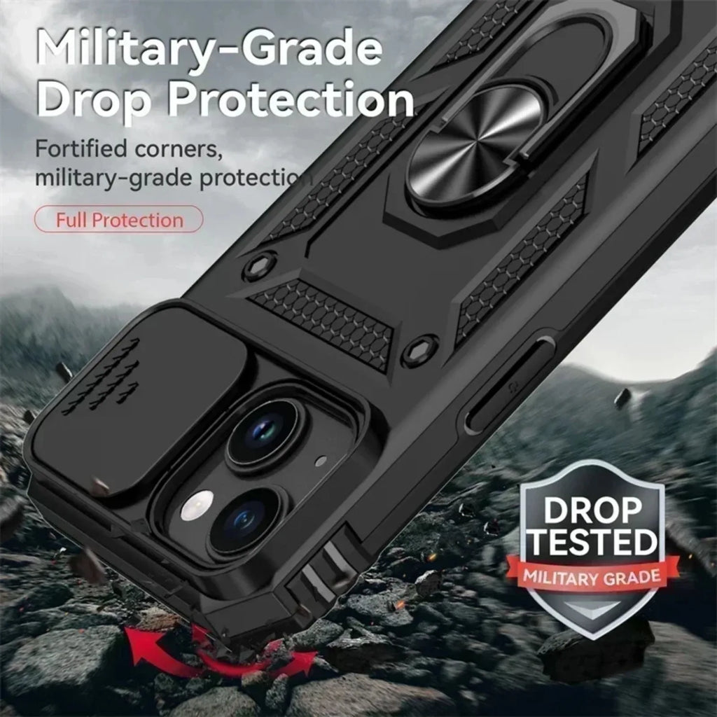 0068 Ring Stand Armor Case – Military Grade Rotating Camera Lens Cover for iPhone 17/16 Pro Max