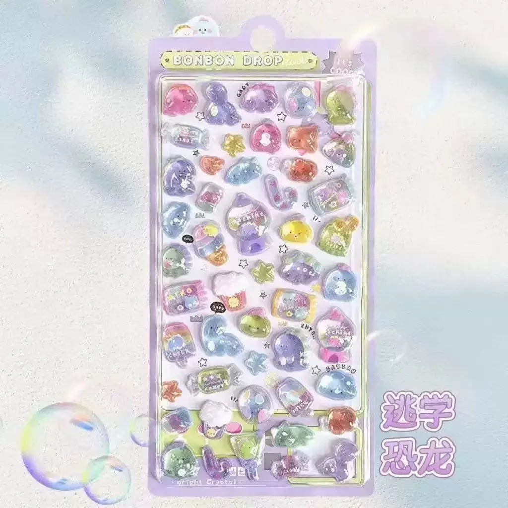 0119 Kawaii 3D Jelly Resin Stickers – Cute Cartoon Sparkle Transparent Decals for Scrapbooking, Phone Case, Laptop & DIY Decoration