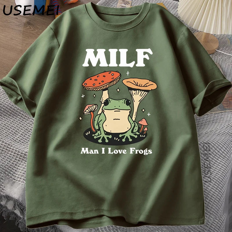 0073 Retro Frog T‑Shirt – Funny Cottagecore MILF Froggy Graphic Tee for Men, Casual Streetwear
