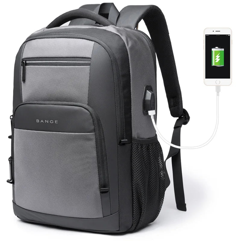 0055 BANGE Waterproof Backpack – 15.6 Inch Laptop Bag with USB Charging, Travel & School Rucksack for Men & Women