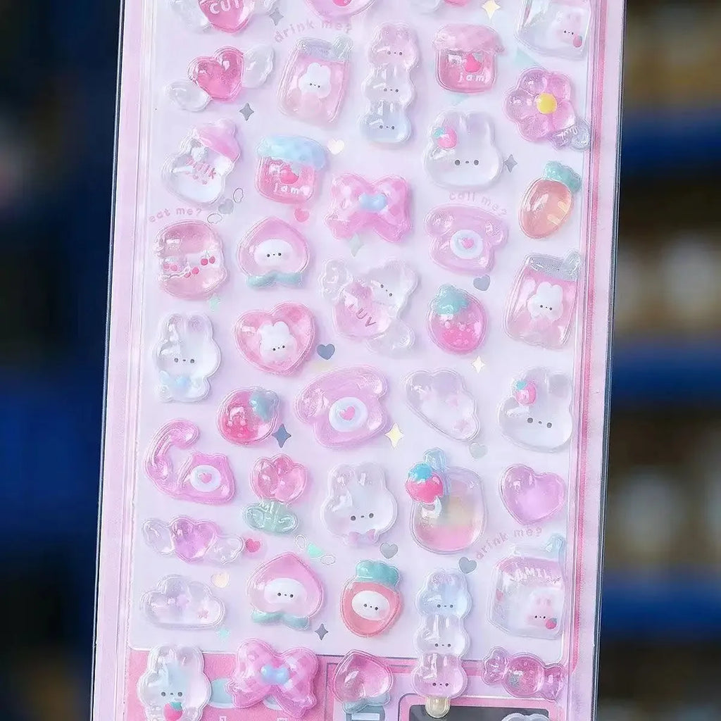 0119 Kawaii 3D Jelly Resin Stickers – Cute Cartoon Sparkle Transparent Decals for Scrapbooking, Phone Case, Laptop & DIY Decoration
