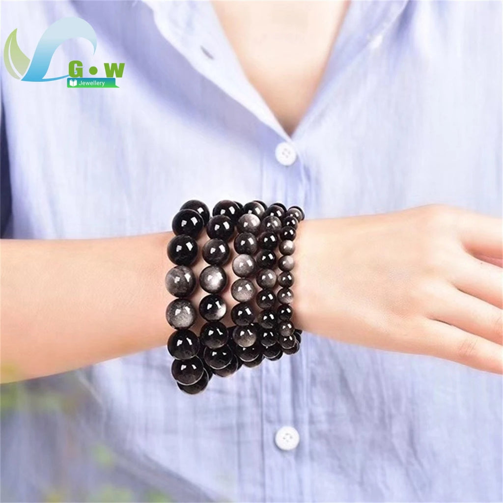 0099 Natural Silver Obsidian Bracelet – Men’s & Women’s Double Cat Eye Gold Obsidian Lucky Amulet