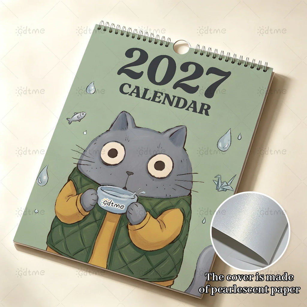0149 2027 Calendar Cute Cat - Coffee Cat Wall Calendar 21x29.7cm A4 Pearlescent Cover | 12 Months Cute Cats With Coffee Cups