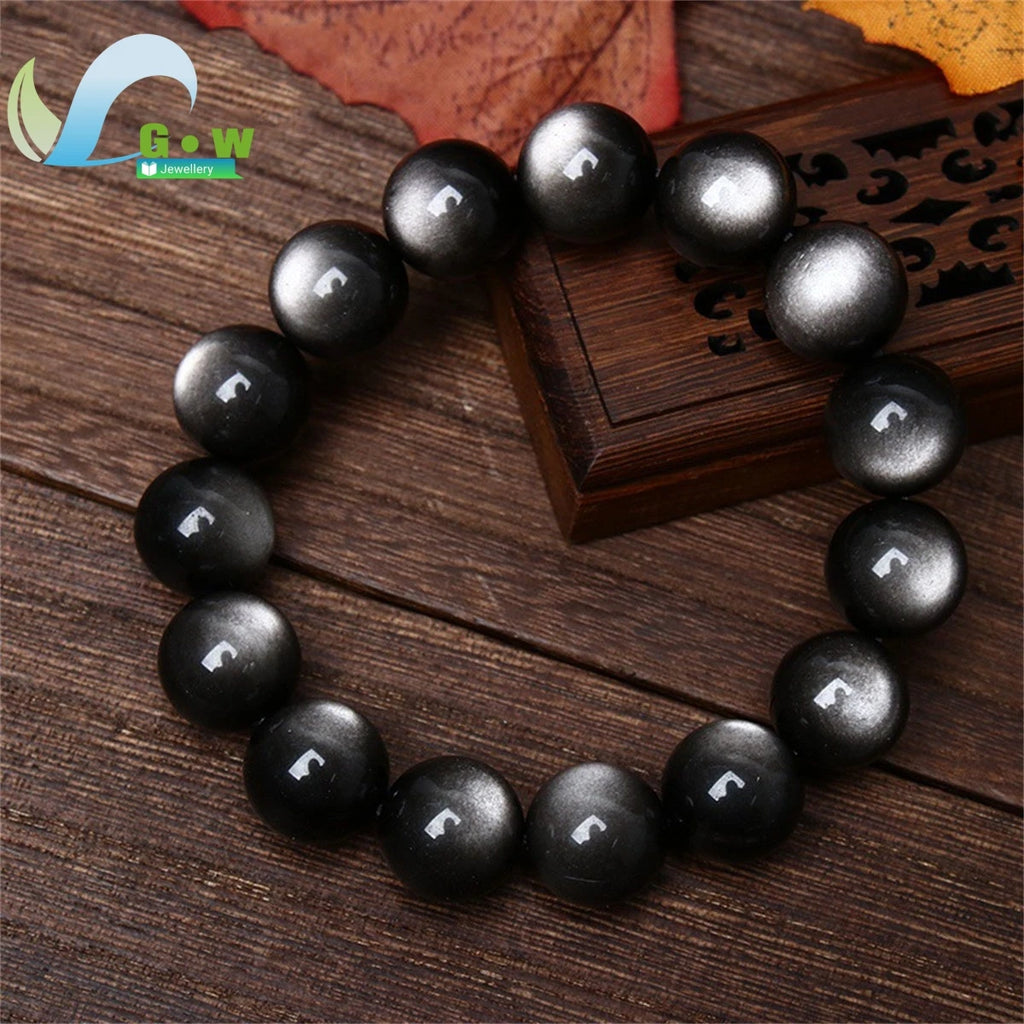 0099 Natural Silver Obsidian Bracelet – Men’s & Women’s Double Cat Eye Gold Obsidian Lucky Amulet