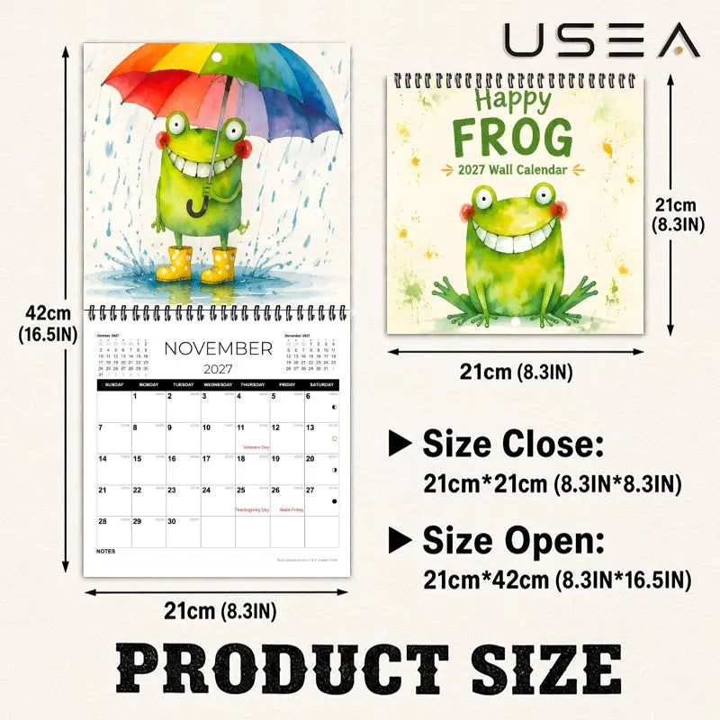 0156 Happy Frog 2027 Wall Calendar - Funny Frog Wall Calendar 21x21cm | 12 Months 12 Unique Designs Premium Matte Paper