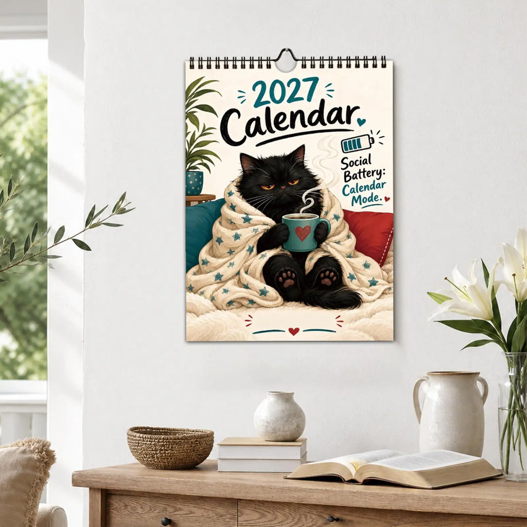 0147 2027 Calendar - Social Battery: Calendar Mode - Funny Black Cat Coffee Wall Calendar A4 210x290mm