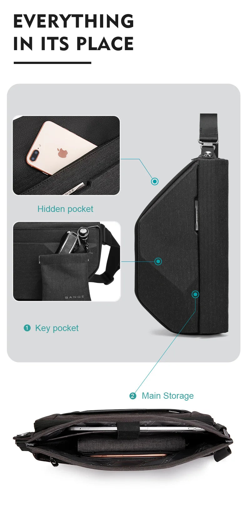 0029 BANGE Waterproof Sling Bag – Men’s Chest Pack with USB Charging, Fits iPad Mini