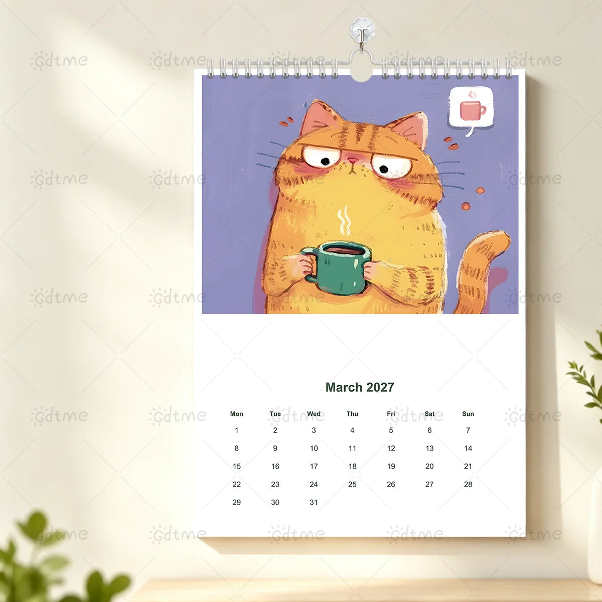0149 2027 Calendar Cute Cat - Coffee Cat Wall Calendar 21x29.7cm A4 Pearlescent Cover | 12 Months Cute Cats With Coffee Cups