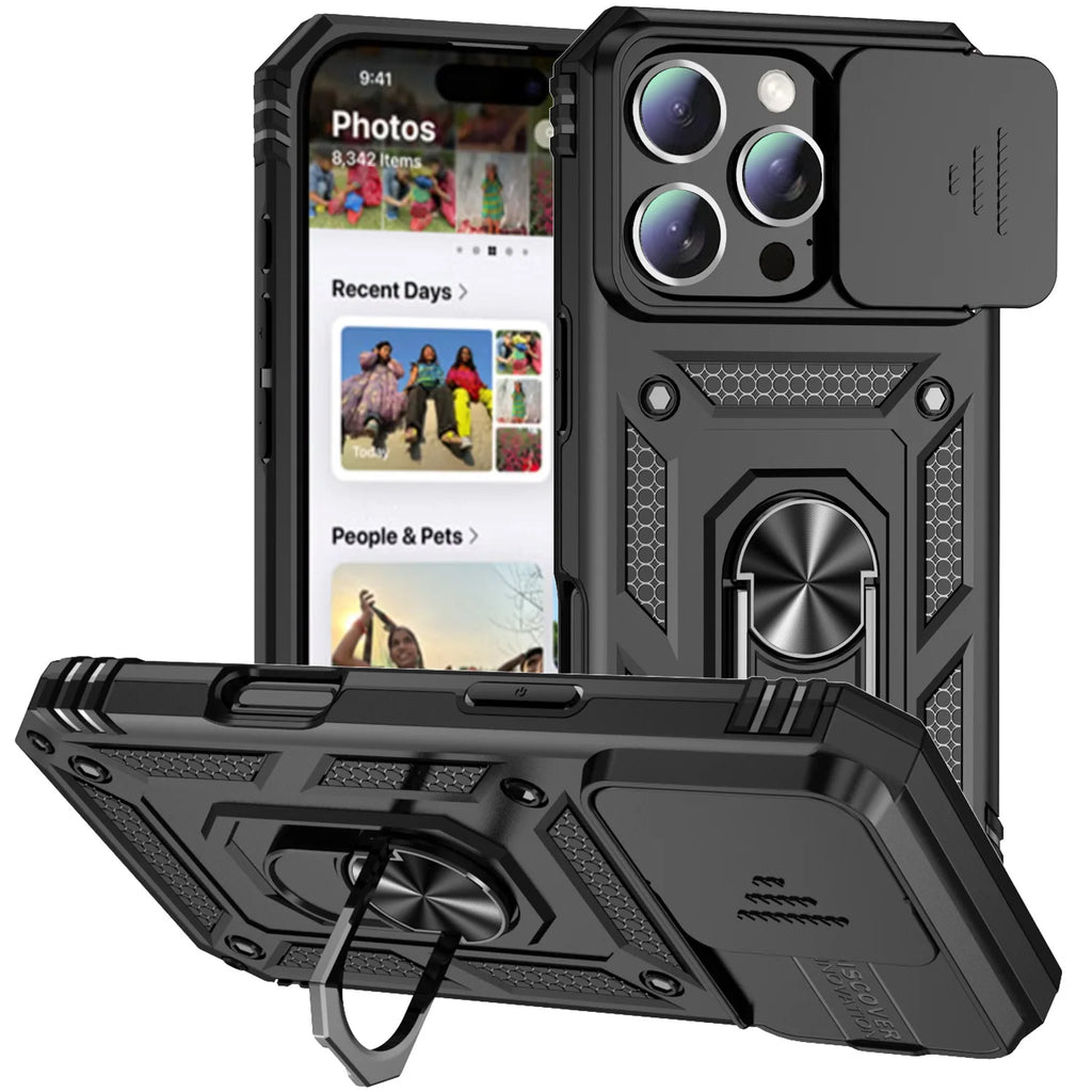 0068 Ring Stand Armor Case – Military Grade Rotating Camera Lens Cover for iPhone 17/16 Pro Max