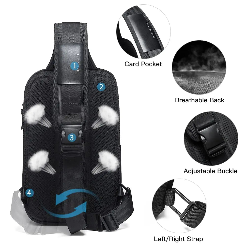 BANGE Men's Anti-theft Chest Bag Shoulder Strap USB Rechargeable Crossbody School Gym Pack, Men Sports Waterproof Shoulder Bag