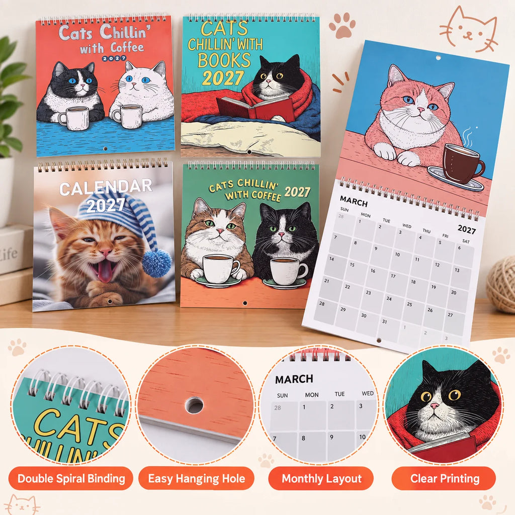 0146 Cats Chillin' With Coffee 2027 Calendar - 4 Styles Funny 21cm Wall Calendar | Cats Chillin' With Books 2027
