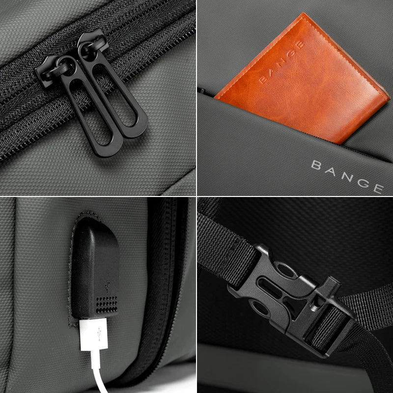 0041 BANGE Business Backpack – Waterproof Expandable 17.3 Inch Laptop Bag with USB Charging, Fashion Travel