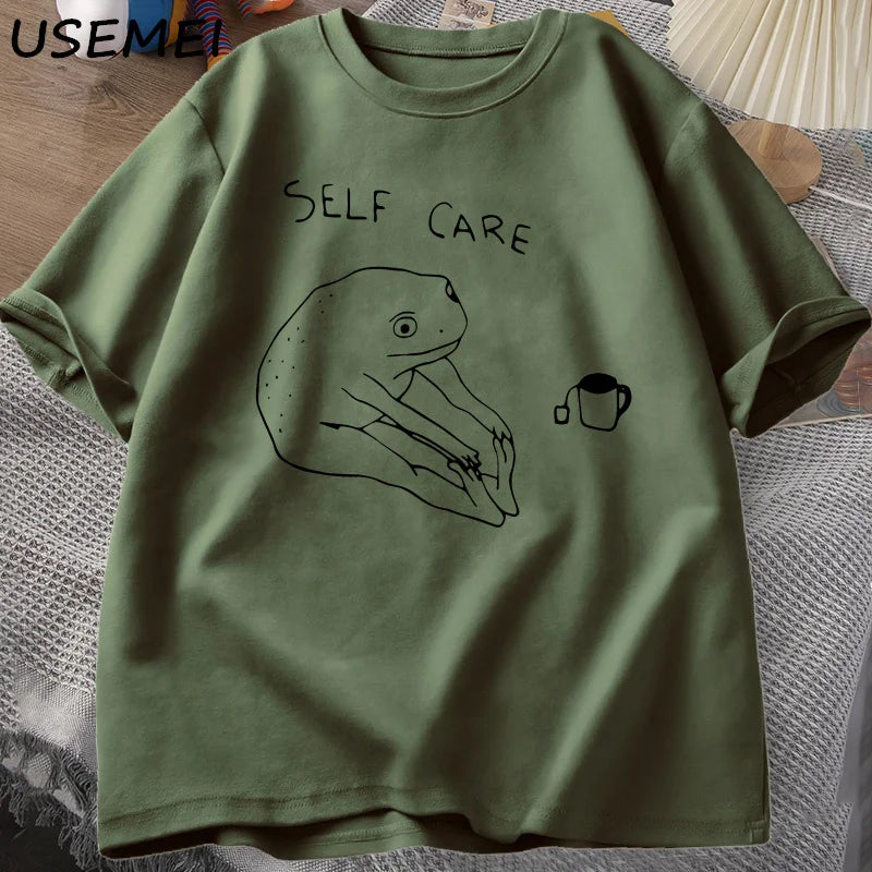0075 Funny Frog Self‑Care T‑Shirt – Retro Cottagecore Summer Tee for Women & Men