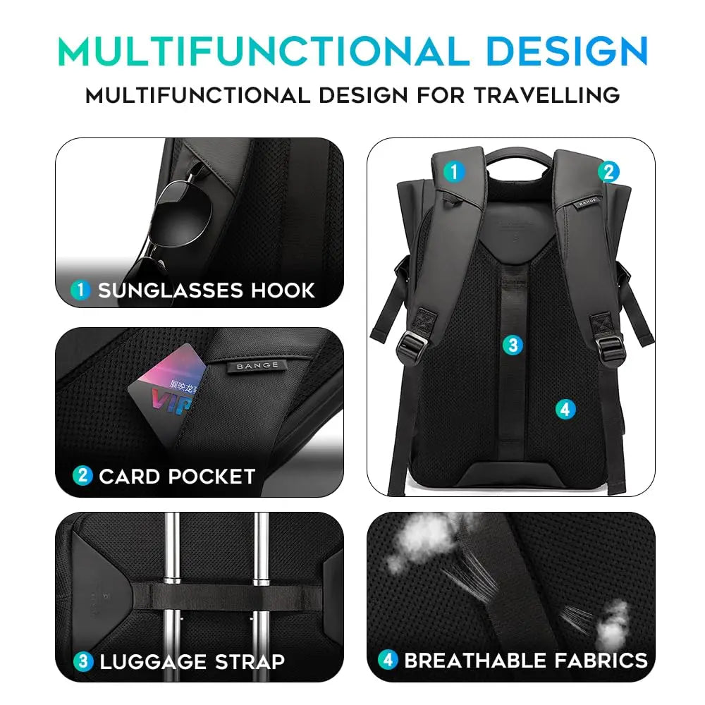 0043 BANGE Fashion Backpack – Waterproof 15.6 Inch Laptop Bag, Multifunctional Travel & School Rucksack