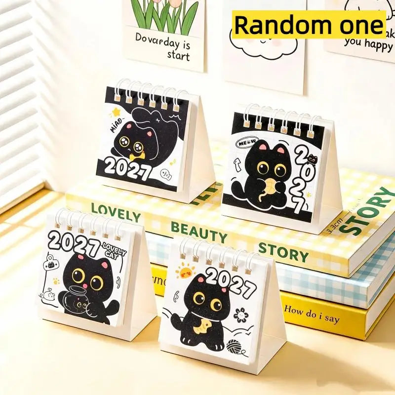 0155 2027 Mini Desk Calendar - Cute Black Cat & Apple Palm Size 7cm Desktop Calendar | 2027 Kawaii Mini Calendar