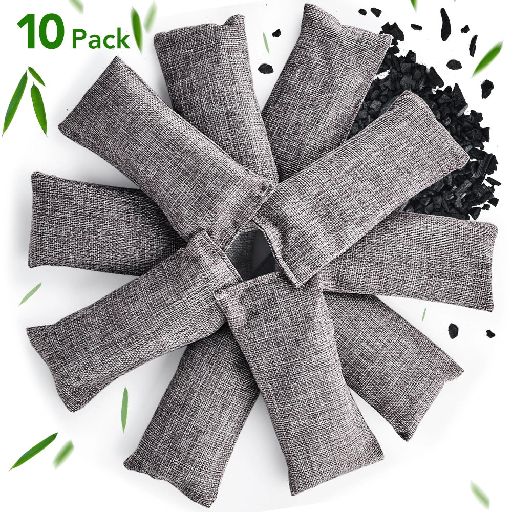 0096 10PCS Bamboo Charcoal Bags – Natural Activated Charcoal Odor Absorber & Moisture Eliminator for Car, Closet & Shoes