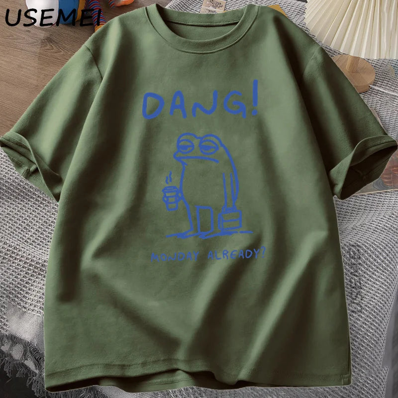 0076 Dang Monday Already Frog T‑Shirt – Funny Cottagecore Men’s Cotton Short Sleeve Tee