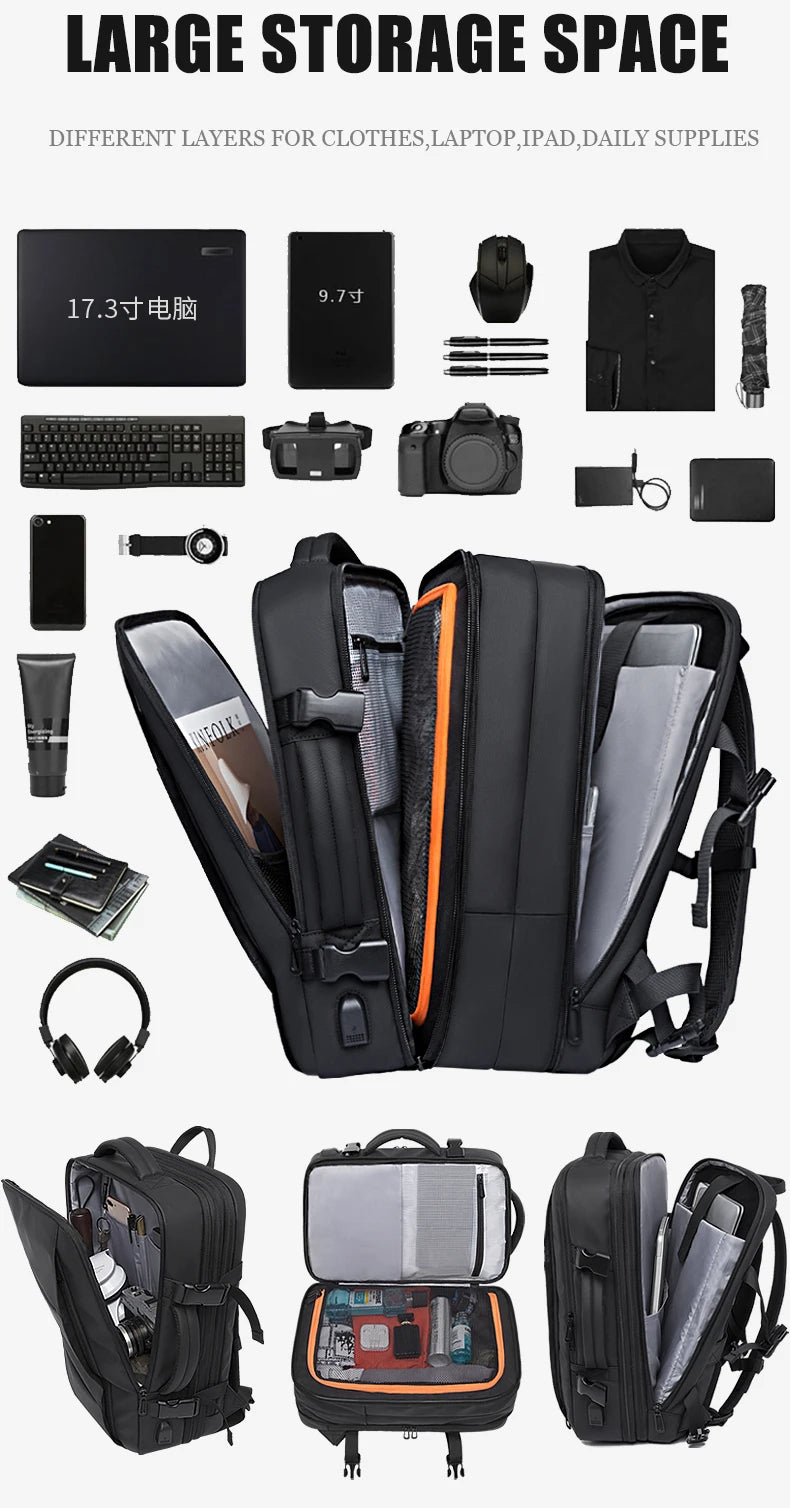 0015 BANGE Expandable Backpack – Waterproof 17 Inch Laptop Bag for Men, Travel & Work