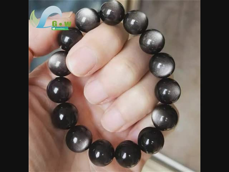 0099 Natural Silver Obsidian Bracelet – Men’s & Women’s Double Cat Eye Gold Obsidian Lucky Amulet