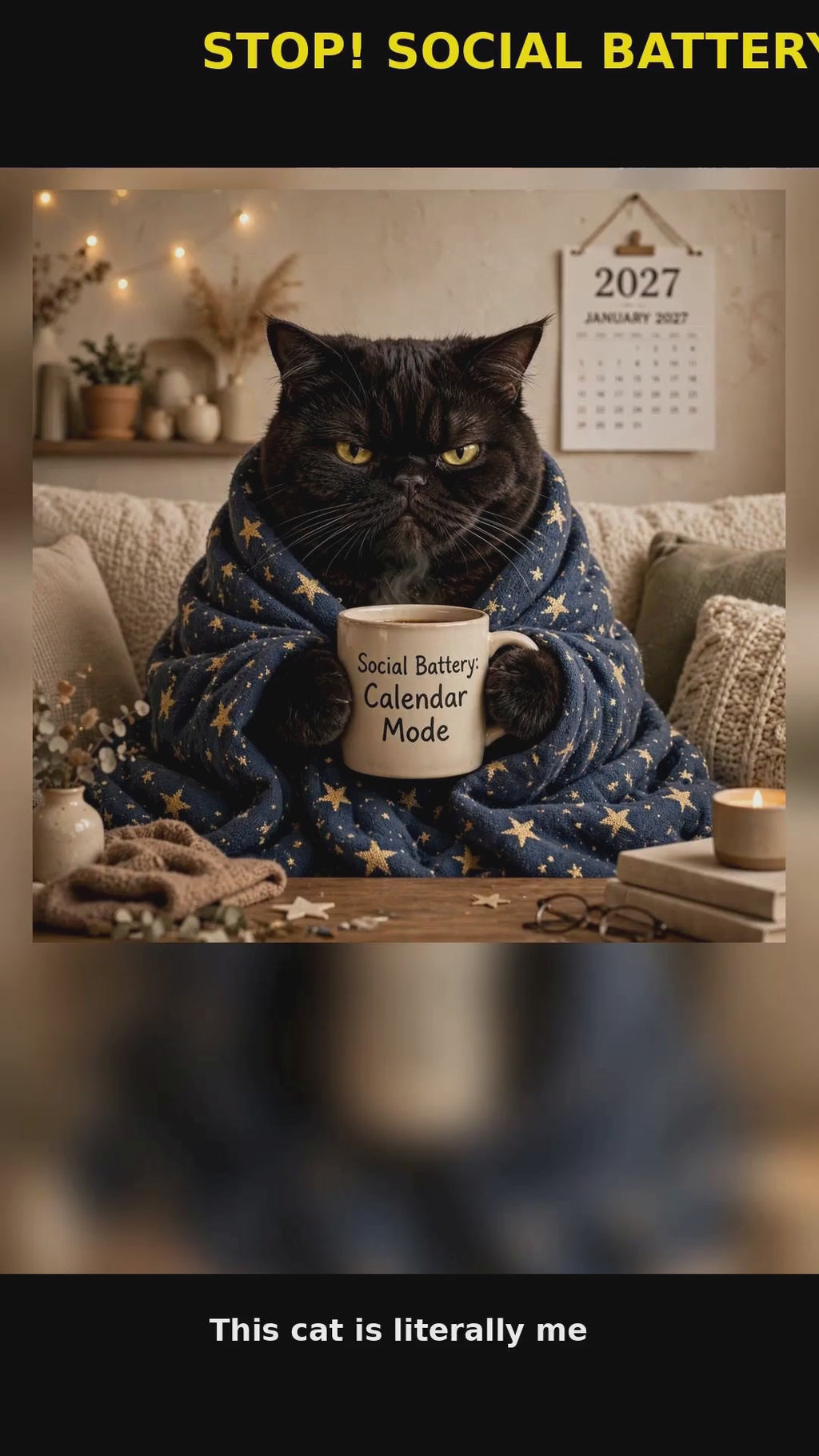 0147 2027 Calendar - Social Battery: Calendar Mode - Funny Black Cat Coffee Wall Calendar A4 210x290mm