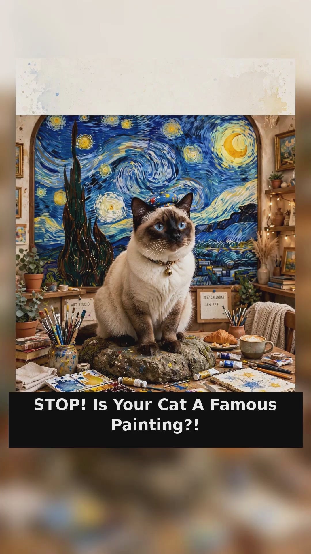0144 Famous Painting Cat Calendar 2027 - Van Gogh Starry Night Cat Wall Calendar 21x21cm | 12 Months Art Cats