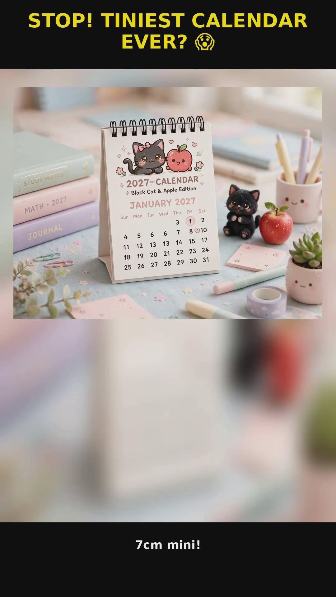 0155 2027 Mini Desk Calendar - Cute Black Cat & Apple Palm Size 7cm Desktop Calendar | 2027 Kawaii Mini Calendar