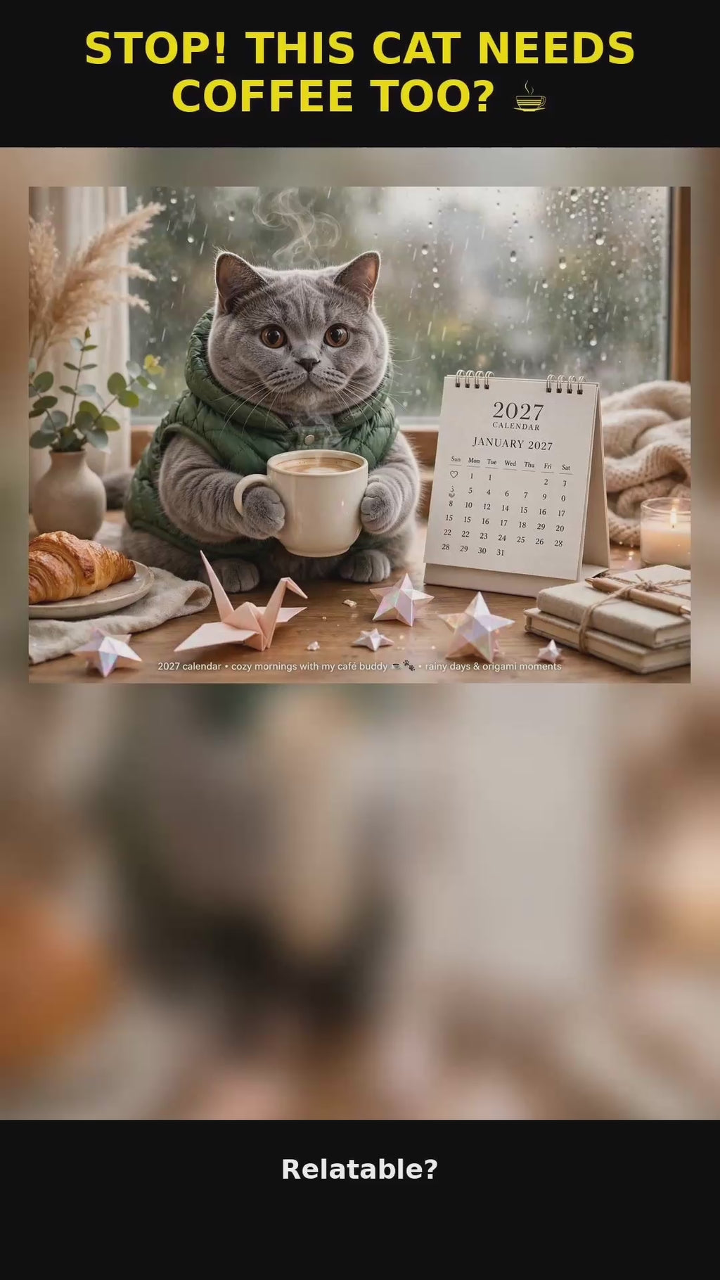 0149 2027 Calendar Cute Cat - Coffee Cat Wall Calendar 21x29.7cm A4 Pearlescent Cover | 12 Months Cute Cats With Coffee Cups